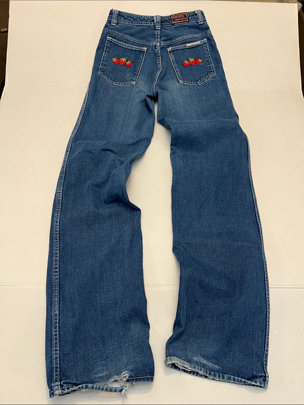 Vintage 1970s Bon Bon Blue Jeans with  strawberry Embroidery on pockets